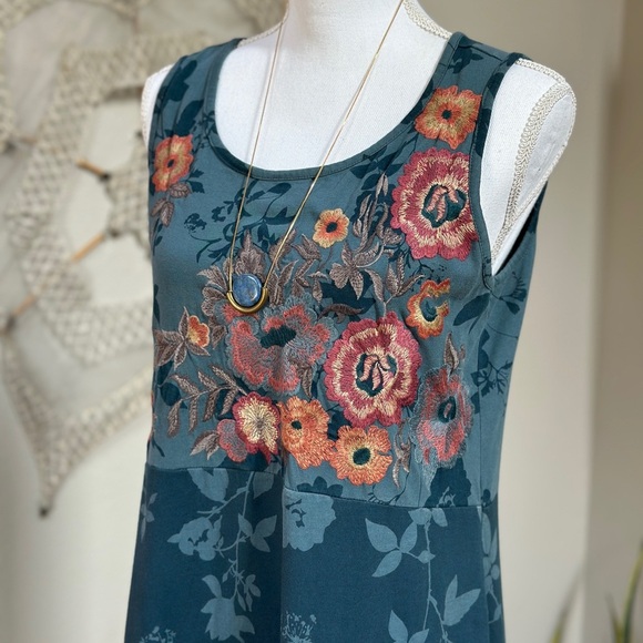 Boho Lagenlook Floral Embroidered Aqua Blue Maxi Dress SZ S - Picture 1 of 11